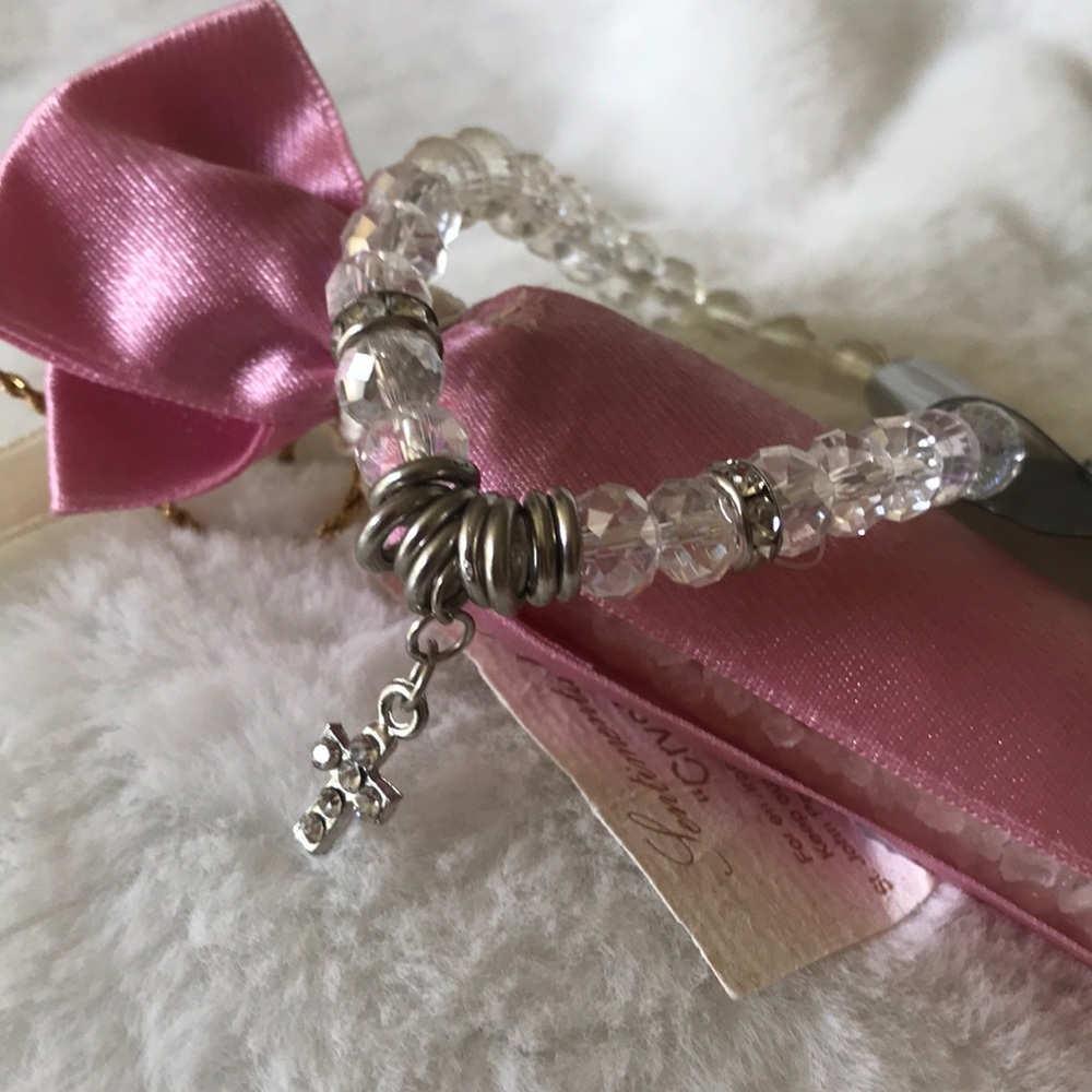 Crystal silver rhinestone cross stretch bracelet